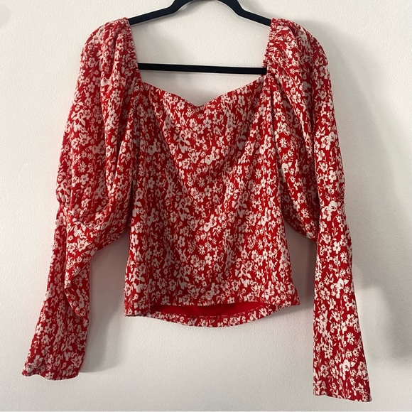 Anthropologie Red/white floral romantic Sweetheart Smock Bodice Sleeve Top sizeL - Picture 5 of 7